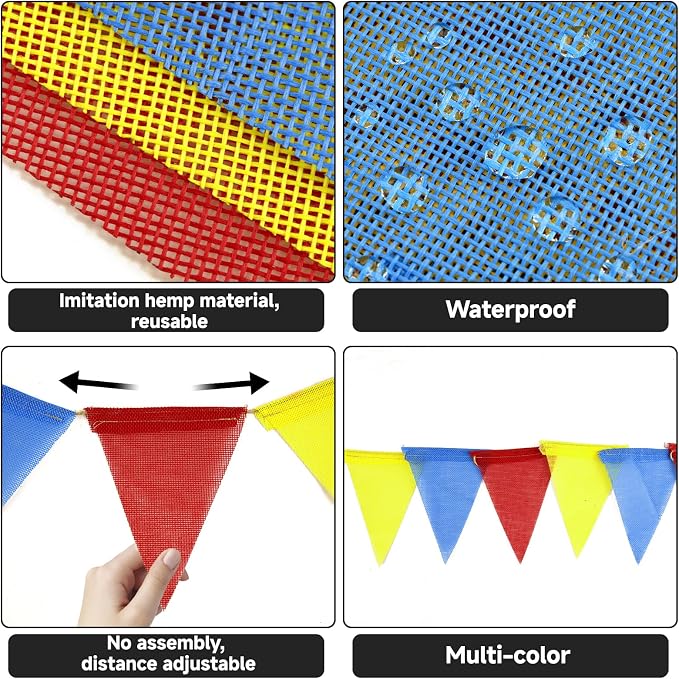 G2PLUS Pre-Strung Burlap Pennant Banners, 39Ft Red Yellow Blue Triangle Flag - Image 3