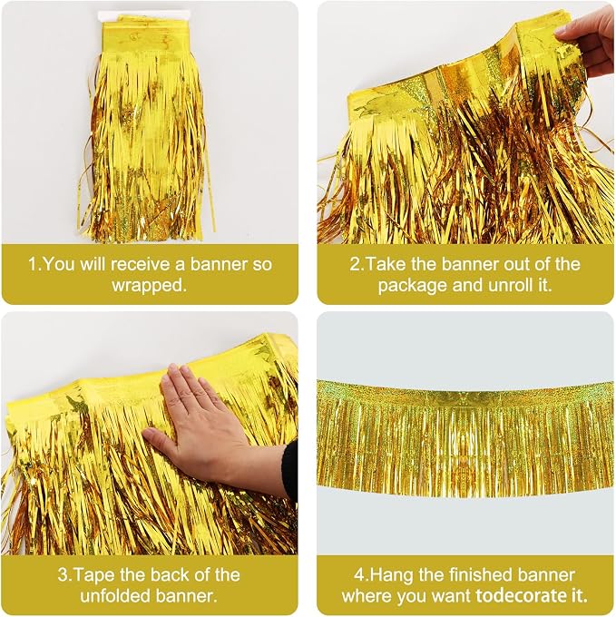 BEISHIDA Laser Gold Fringe Garland Banner 30ft Wall Tinsel Foil Streamers | - Image 3