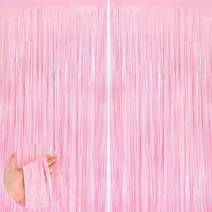 2Pack Pastel Pink Metallic Tinsel Foil Fringe Curtains, 3.3 X 8.3ft Pink Party by UWPVOWSR
