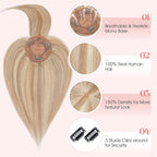 Hairro Mono Hair Toppers with Bangs, 3.4" x 3.4" Mono Base 100% Real Human Hairpieces for Women, 150% Density Clips In Topper for Greyish Thinning Hair, 16 Inch Golden Brown Mix Bleach Blonde