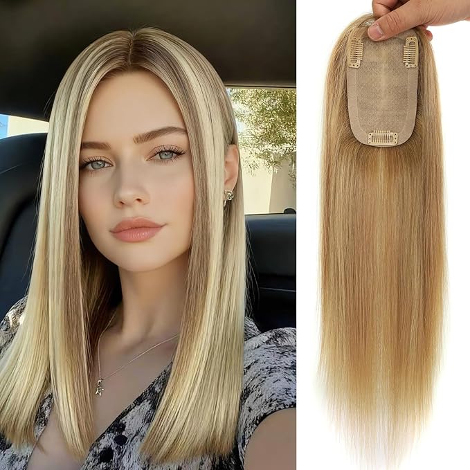 Real Human Hair Toppers for Women #TLQ, 3x5 Inch Injected Silk Base 130% Density 16 Inch Length Hair Toppers