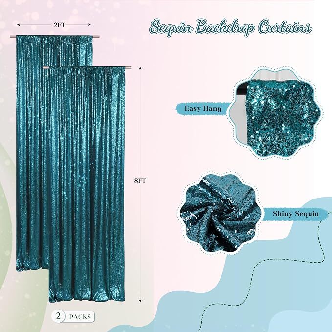 PartyDelight Teal Sequin Backdrop Curtains 2x8ft 2 Panels | Sparkly 3mm sequins - Image 2
