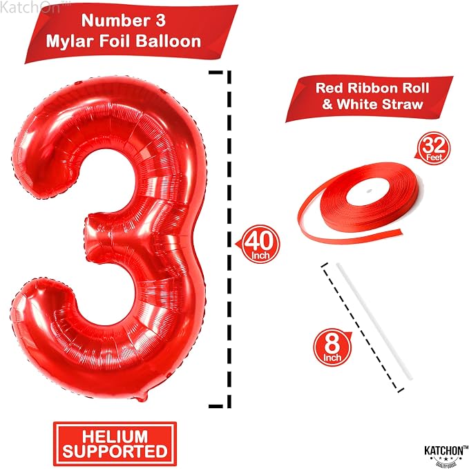 KatchOn Red Number 3 Balloon 40 Inch, 3 Birthday Decorations | Red Foil Number - Image 2