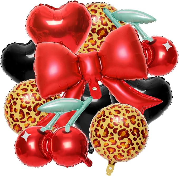 10Pcs Red Bow Cherry Cheetah Print Foil Balloon Set Women Party Photo Booth | by Unknown
