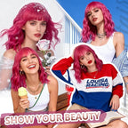 Bob Wig With Bangs Wave Wigs for Women 14 Inch Short Loose Wavy Heat Resistant Synthetic Wig Shoulder Length Hair for Daily and Cospaly Party Use (Rose mixed Purple)
