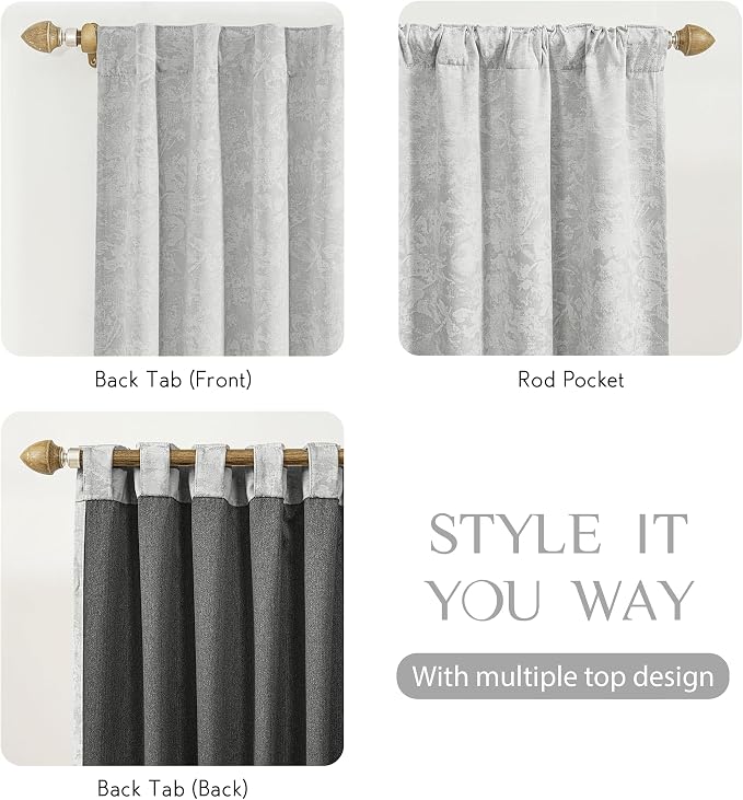 Beauoop Grey Floral Jacquard Blackout Curtains - Image 5