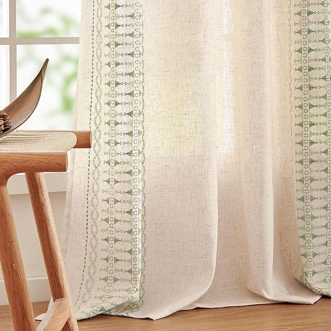 jinchan Boho Curtains for Bedroom Linen Blend Curtains Sage Green Embroidered - Image 8
