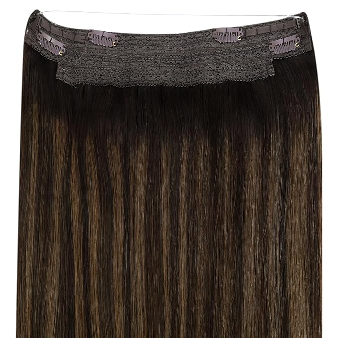 YoungSee 120G Human Hair Wire Extensions Balayage Invisible Wire Hair Extensions Darkest Brown Balayage Medium Brown Fish Line Extensions Hair Easy to Use 18Inch