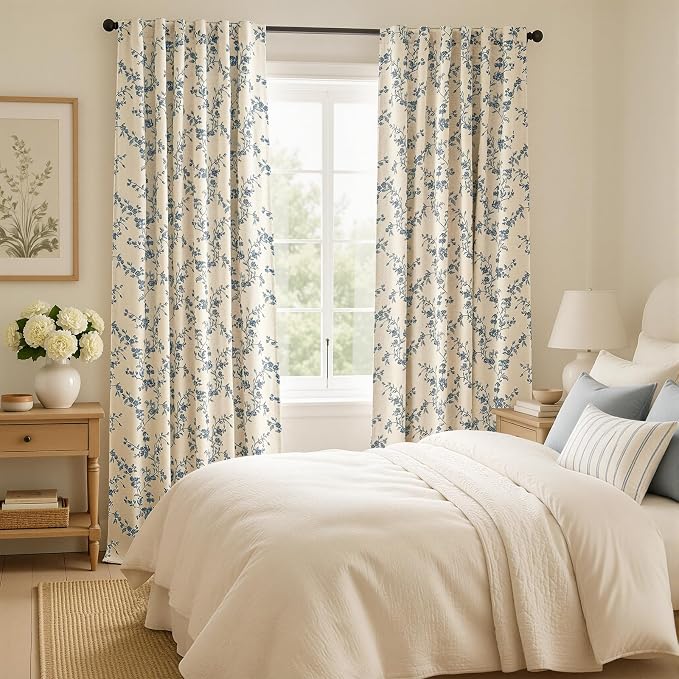 Blackout Vintage Floral Linen Curtains Blue on Beige 50×84 2 Panels | Elisa - Image 5