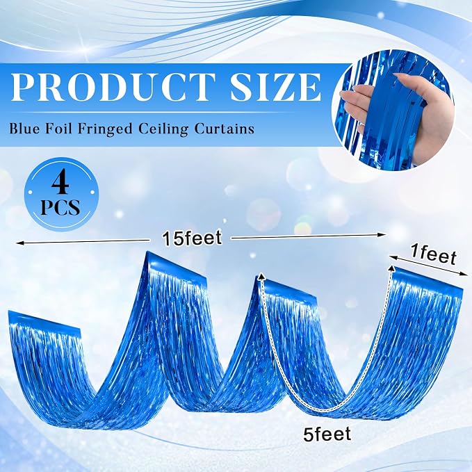 4 Pcs 15ft Blue Metallic Foil Ceiling Fringe Curtains, Party Decor Fringe Drapes - Image 2