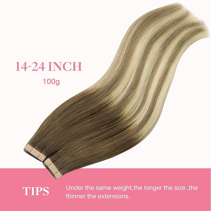 GOO GOO Tape in Hair Extensions Human Hair, 3/8/613 Walnut Brown to Ash Brown and Bleach Blonde, 22inch 100g 40pcs, Skin Weft Seamless Invisible, Silky Straight with Thick Ends, Remy Human Hair