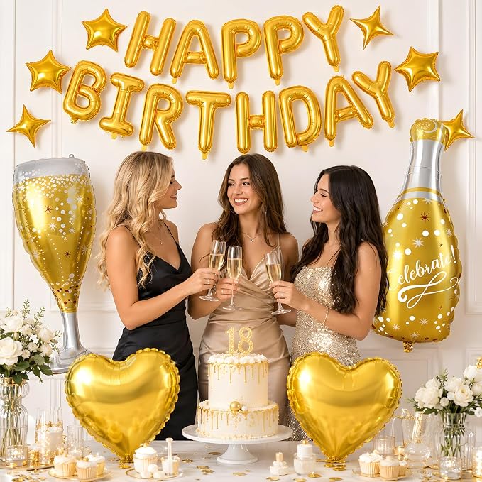Gold Happy Birthday Balloons Banner, Star Heart Balloons, Champagne Bottle - Image 4