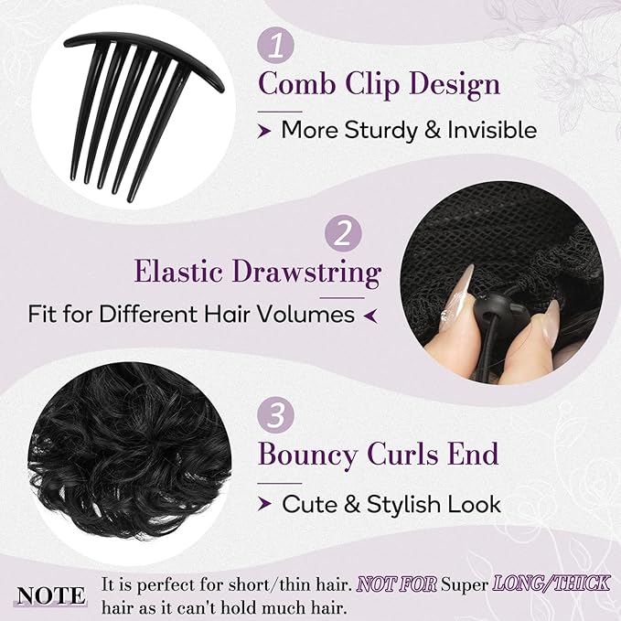 BARSDAR Drawstring Ponytail Extension - 10 Inch Short Wavy Black Ponytail Hair Extensions for Women - Synthetic Comb Clip in Ponytail Hairpieces Fake Pony Tails - Natural Black