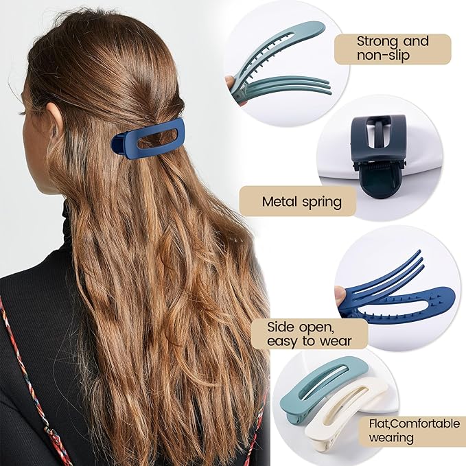 8 Pcs Large Lay Flat Claw Clips for Women French Side Slide Barrettes for Thin Fine Hair Rectangle Alligator Hair Accessories,Matte Blue Beige