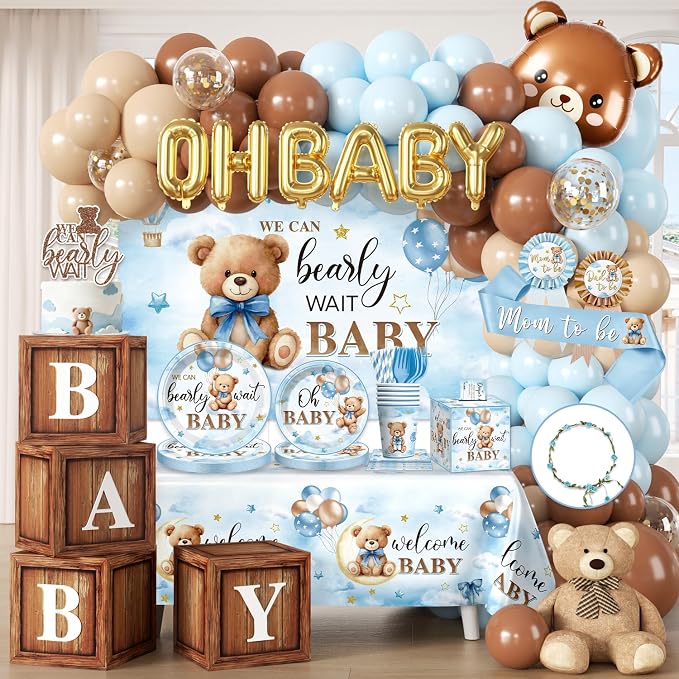 213Pcs cocomigo Blue Baby Boy Shower Decorations Tableware Set, 25 Serves | by cocomigoPartyHome
