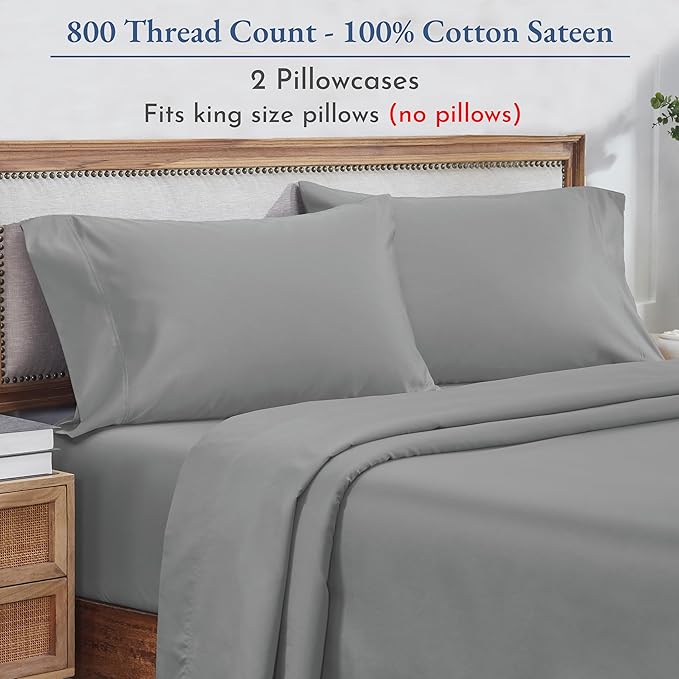 California Design Den Heirloom Soft, Smooth & Thick Certified 800 Thread Count 100% Cotton Sateen, 2 Pillow Cases King Size, Fits King Pillows (Light Grey)
