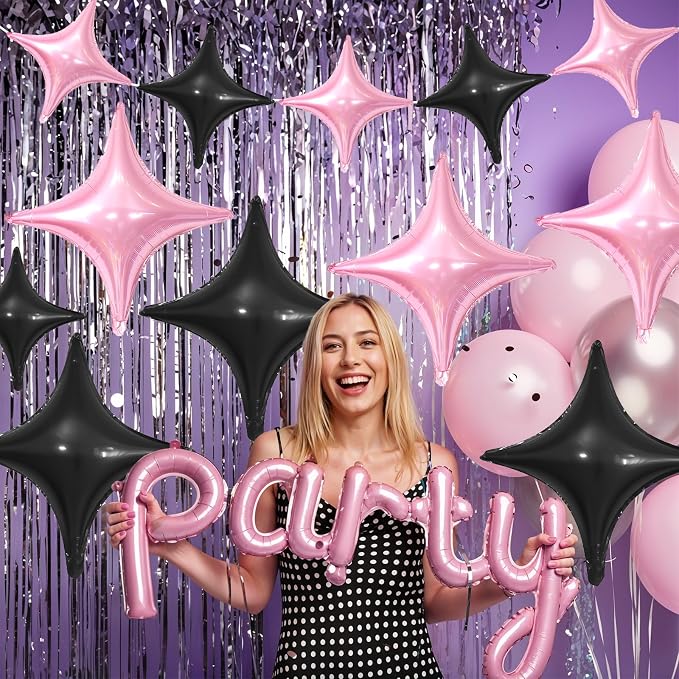 Pink Black Star Balloons, 26Inch and 10Inch Pink Black Quadrangle Helium Balloon - Image 3