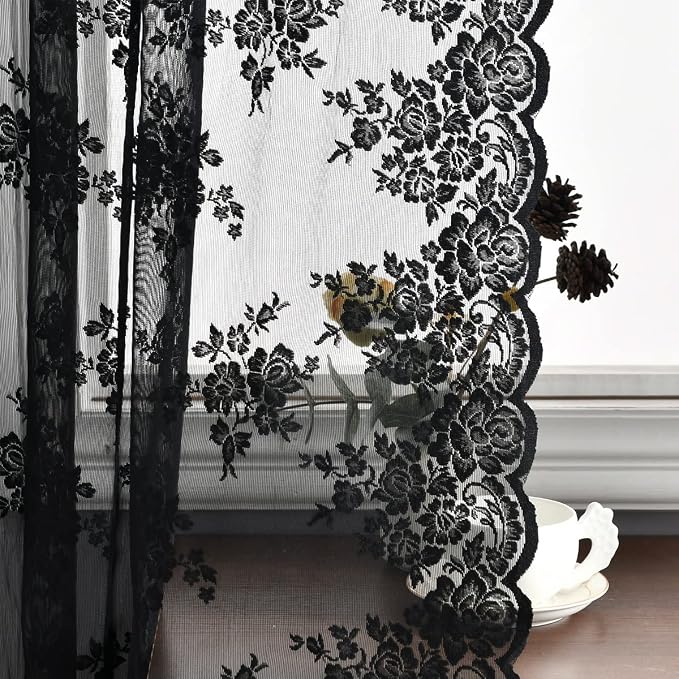 Kotile Black Lace Curtains, Gothic Rustic Floral 52 x 120 Inch, 2 Panels | Rod - Image 5