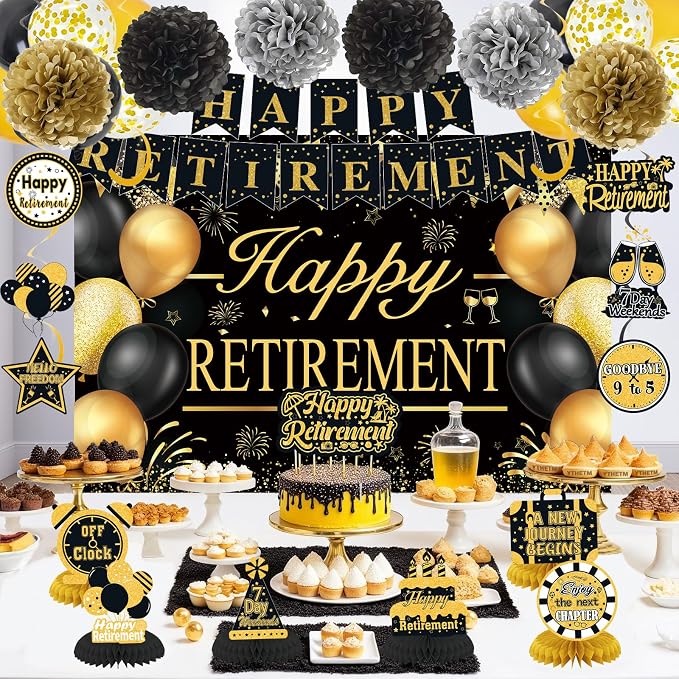 Retirement Party Decorations for Men Women Black Gold Happy Retirement Banner - Image 6