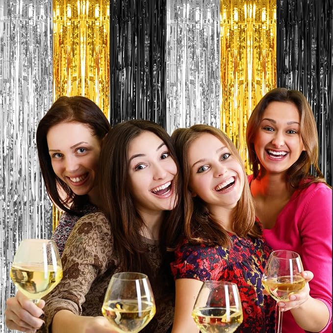 PIGETALE, 2 Pack 3.2x8.2 Feet Silver Black and Gold Tinsel Foil Fringe Curtains - Image 7