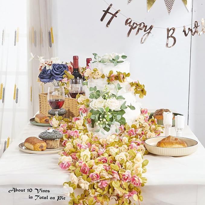 Artificial Flower Garland 6pcs 8.2ft Rose Vine Decor, Champagne Pink Flower | - Image 2