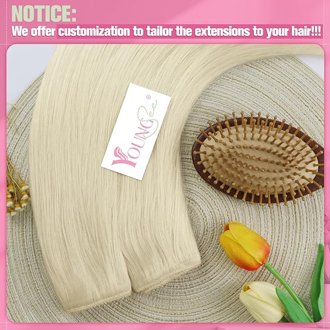 YoungSee Wire Hair Extensions Human Hair Platinum Blonde Wire Human Hair Extensions Blonde Can Be Dyed Fish Line Hair Extensions Real Human Hair 14Inch 80G
