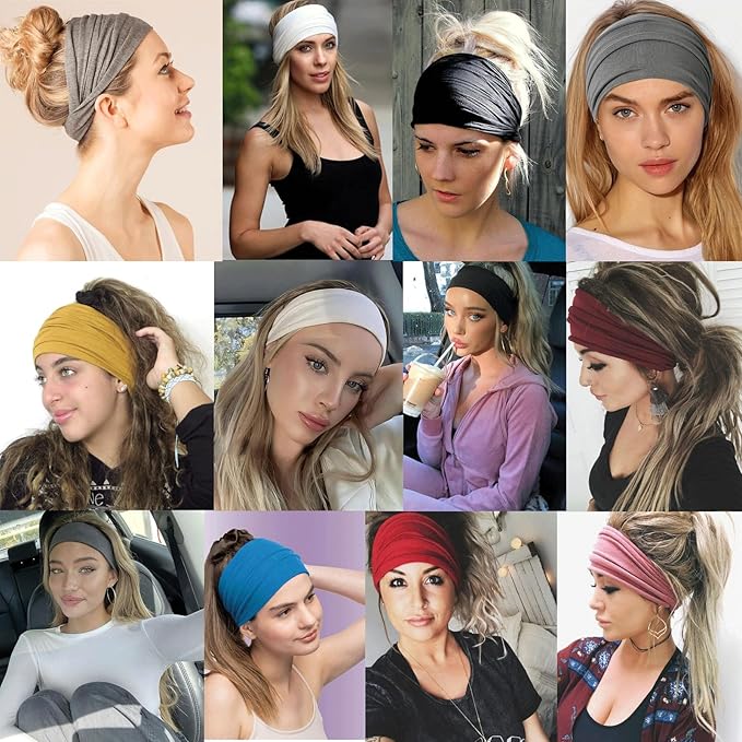 6 Pack Wide Turban Headbands for Women - Large Boho Head Wraps, Sports Workout Stretch Non-slip Soft Elastic Hair Bands