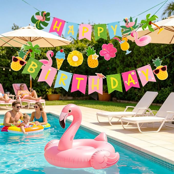 SUNBEAUTY Hawaiian Happy Birthday Banner Tropical Luau Party Birthday Flamingo - Image 9