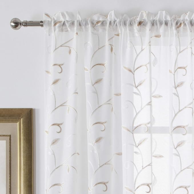 White Sheer Curtains Beige Embroidered Leaves 2 Panels 54Wx96L | Light - Image 3