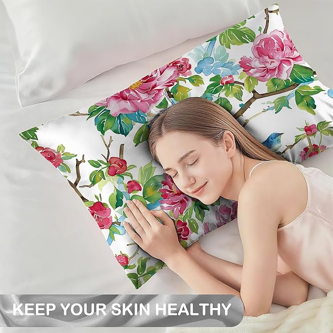 Satin Pillowcase 1 Pack-Pink Roses Flowers and Red Birds Silky Pillow Cover for Hair and Skin,King Size 20x36 Inch Soft Cooling Printed Pillow Cases with Hidden Zipper,Gifts for Women Men