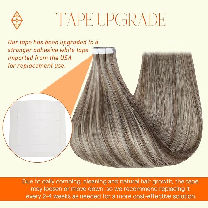 Full Shine Soft Remy Tape in Human Hair Extensions 20Inch Color 8 Ash Brown Highlighted 60 Platinum Blonde Real Hair Extensions Tape ins Add Length 50G 20Pcs for Women