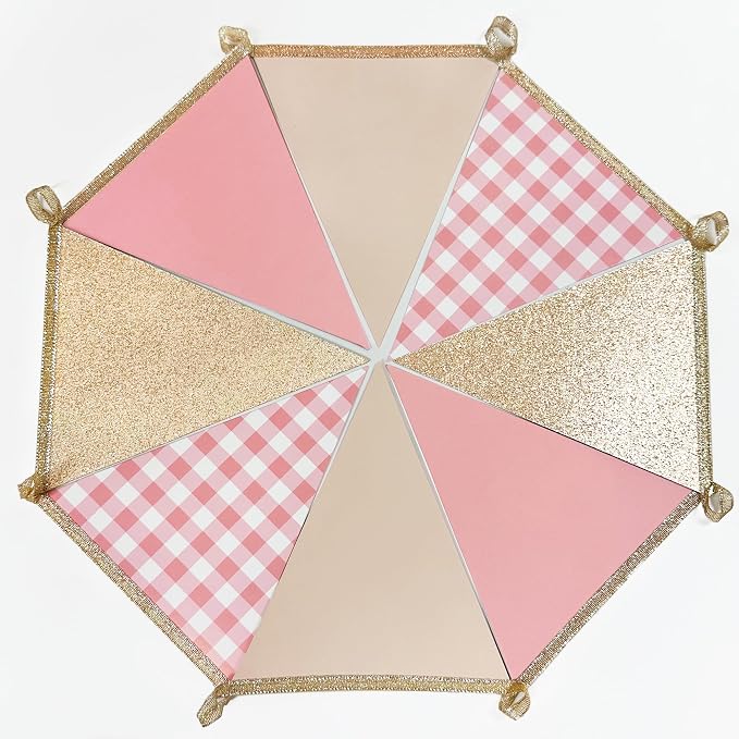Dusty Rose Pink Buffalo Plaid Champagne Gold Party Decorations Pennant Banner - Image 4