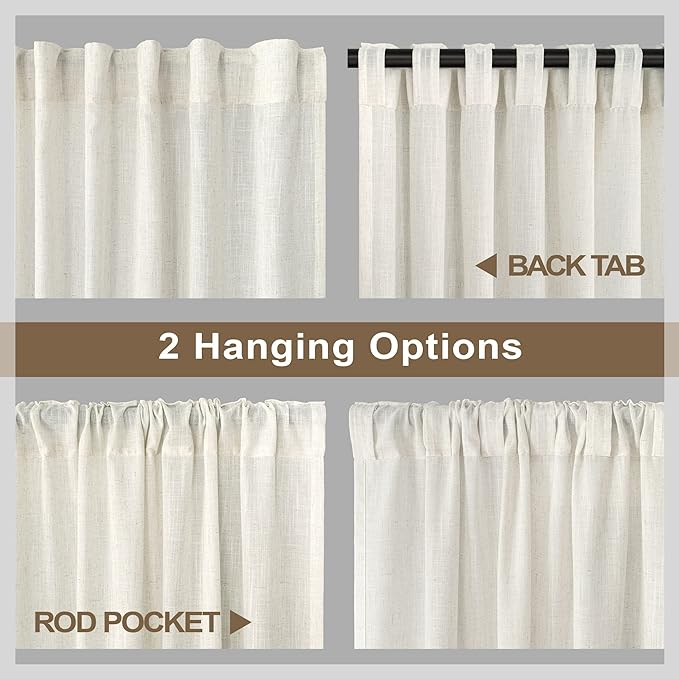 Extra Long Drapes 132 Inch Length Hanging Back Tab Rod Pocket Linen Sheer - Image 5