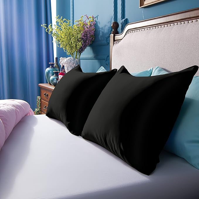NTBAY Zippered Satin Pillow Cases for Hair and Skin, Luxury Standard Hidden Zipper Pillowcases Set of 2, 20x26 Inches, Black