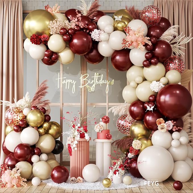 Burgundy Balloon Garland Arch Kit, Maroon Metallic Gold Nude Balloons by FEYG