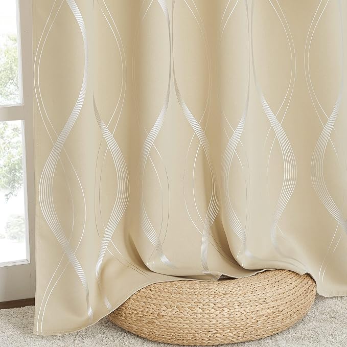 NICETOWN Blackout Curtains 90" Long 2 Panels, Biscotti Beige, Foil Printed Wave - Image 5