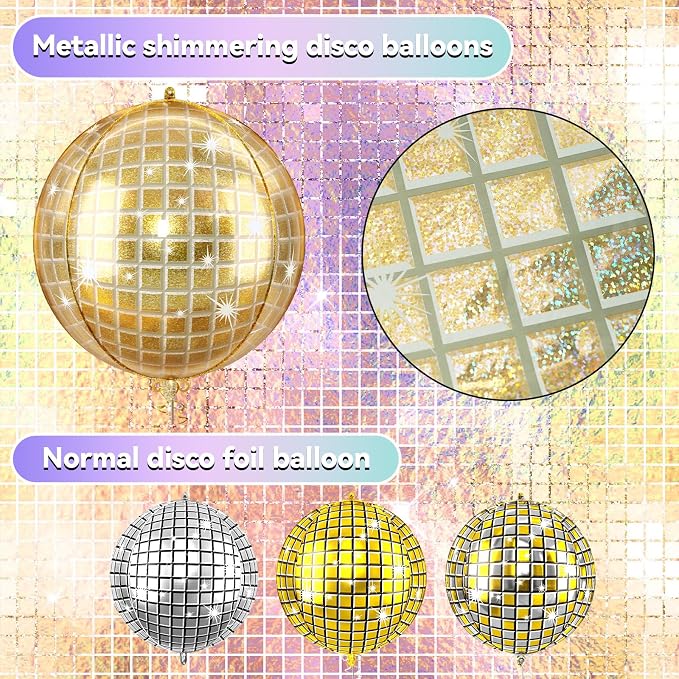 6pcs 22 Inch Gold Disco Ball Balloons, Shiny Gold Big Disco Balloons, 4D Large - Image 3