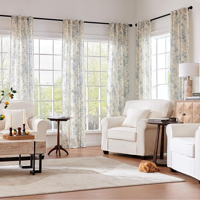 jinchan Blue Floral Linen Curtains 96 Inch Farmhouse Back Tab 2 Panels | Light - Image 7