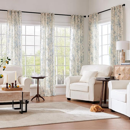 jinchan Blue Floral Linen Curtains 96 Inch Farmhouse Back Tab 2 Panels | Light - Image 7