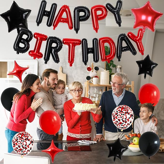 Happy Birthday Balloon Banner Red and Black, 16 Inch Mylar Foil Letter Balloons - Image 6