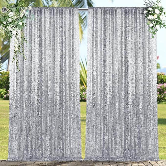 4×8FT-2PCS Silver Sequin Backdrop Curtains Panels, Photography Backdrop Glitter - Image 2