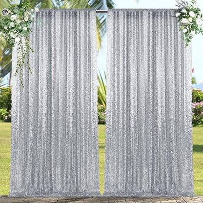 4×8FT-2PCS Silver Sequin Backdrop Curtains Panels, Photography Backdrop Glitter - Image 2