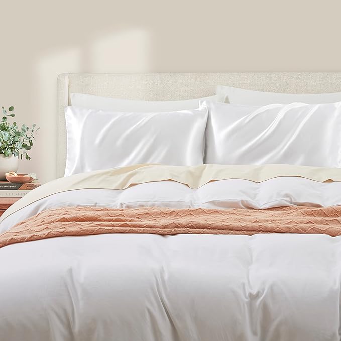 White Satin Pillowcase Standard Set of 2 with Envelope Closure，White Silk Pillowcase for Hair and Skin (20x26)