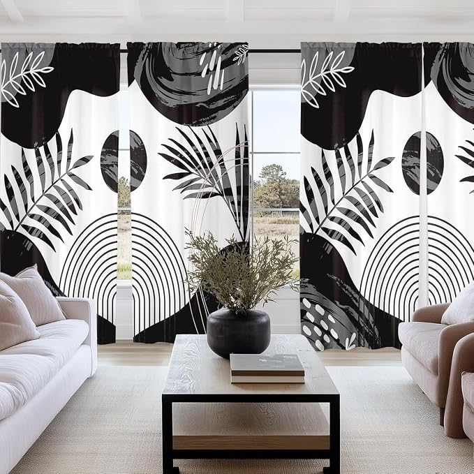 Boho Mid Century Black and White Living Room Curtains, 84 Inch Modern Arch Sun - Image 4