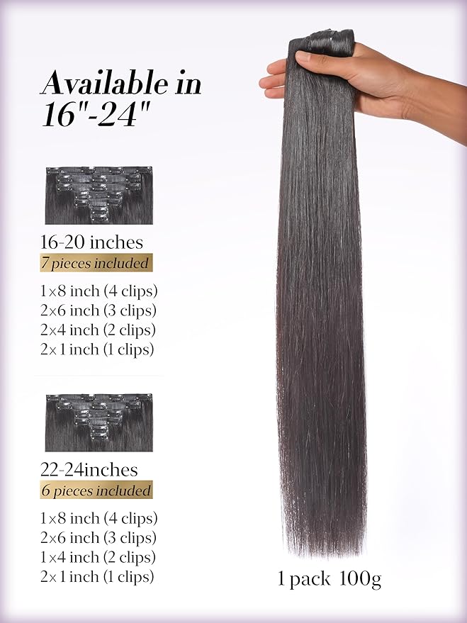 LUVME 0.59mm Zero Trace Invisible Clip in Hair Extensions, Silky Straight 7 Pcs 100g 20 Inch, 100% Real Human Hair Clip Ins, Seven Piece Set for Even Coverage and Natural Silky Style All Day