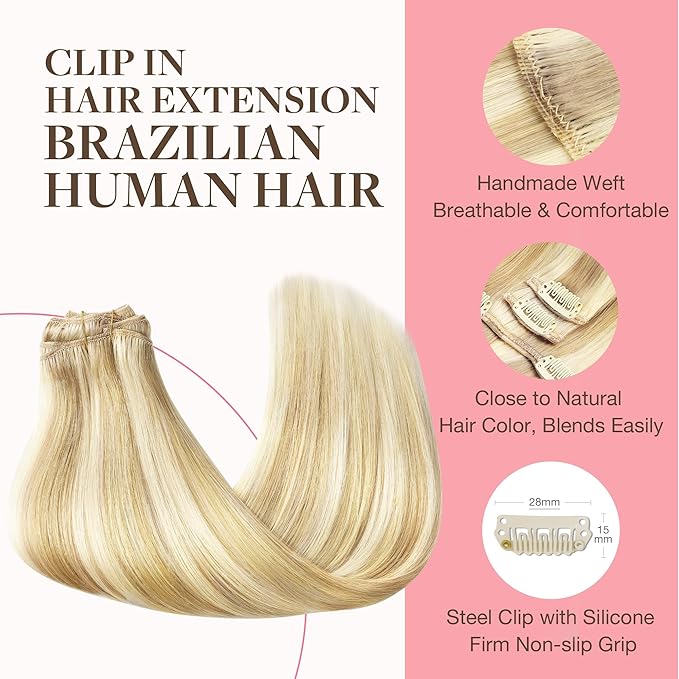 GOO GOO Clip in Hair Extensions Real Human Hair, Remy Human Hair Extensions Clip ins for Women, Natural Human Hair, 26inch 180g 7Pcs, #18D/22F Dirty Blonde Highlights