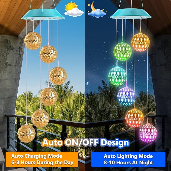 Toodour Solar Wind Chime, Color Changing Moroccan Ball Wind Chimes | LED - Image 2