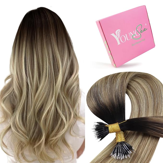 YoungSee 24inch Nano Hair Extensions Brown to Blonde Nano Bead Extensions Human Hair Ombre Dark Brown to Blonde Pre Bonded Nano Tip Hair Extension Real Human Hair Long Straight 24 inch 1g/s 50g