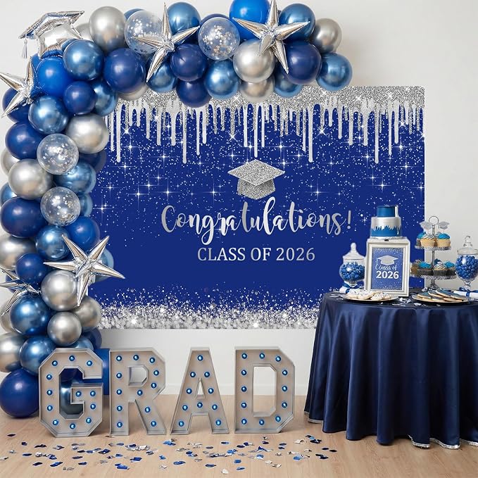 Mocsicka 10x7ft Blue and Sliver Graduation Backdrop Class of 2026 Photography - Image 3