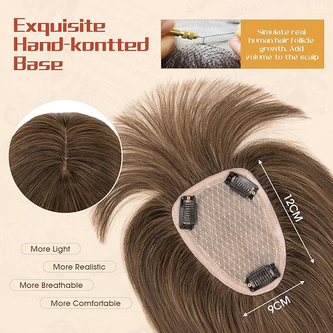 Rich Choices Human Hair Toppers for Women-100% Real Remy Hair Topper with 3D 360°Bang-Upgraded 150% Density 9 * 12CM Lace Base-Clip in Hairs topper for Thinning Hairs-12Inch #2 Dark Brown
